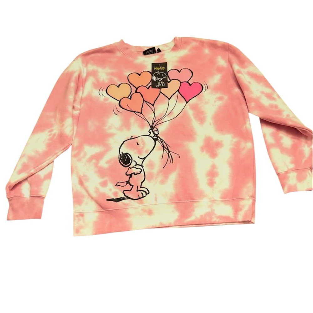 NWT Peanuts Snoopy Pink Tie Dye Raised Heart Balloons Sweatshirt SZ L - Picture 10 of 11